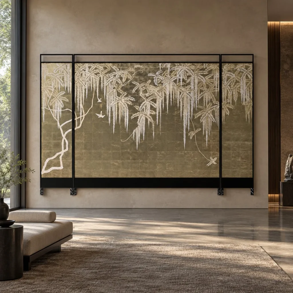 Willow and Swallow Gold Leaf Screen in brushed brass — front view