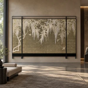 Willow and Swallow Gold Leaf Screen in brushed brass — front view
