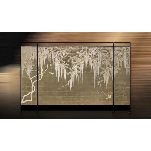 Willow and Swallow Gold Leaf Screen in brushed brass — in a room setting