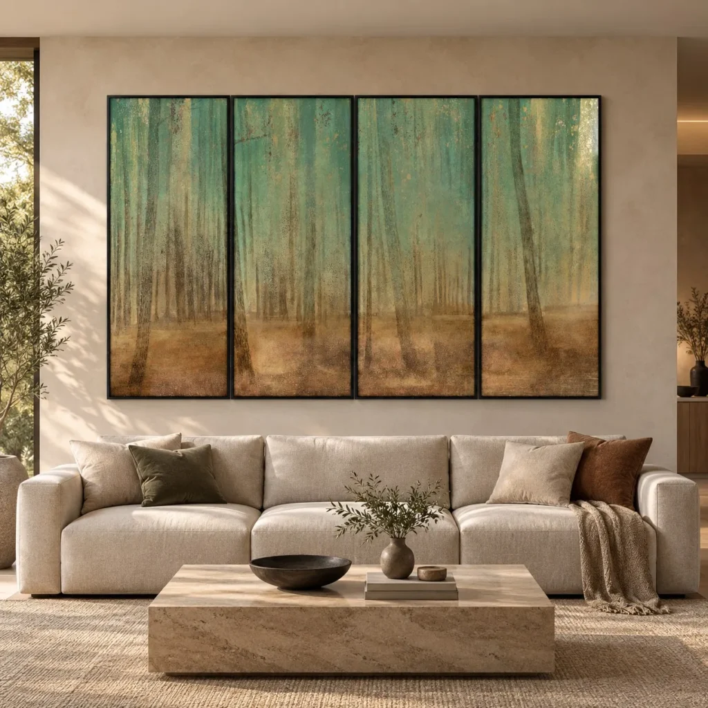 Misty Forest Panel Set of 4, 240 x 150 cm Overall in olive — front view