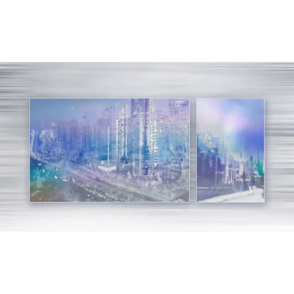 Blue City Lights Panel Set of 2, 285 x 130 cm Overall in blue — in a room setting