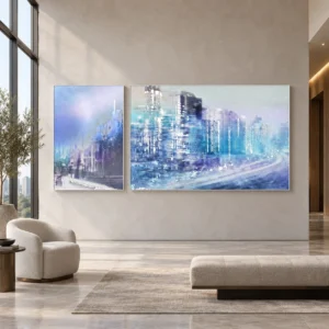 Blue City Lights Panel Set of 2, Wide Right, 285 x 130 cm in blue — front view