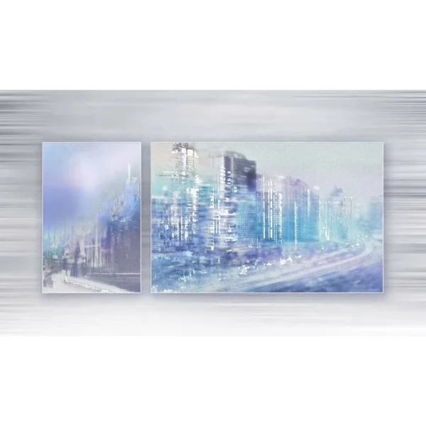 Blue City Lights Panel Set of 2, Wide Right, 285 x 130 cm in blue — in a room setting