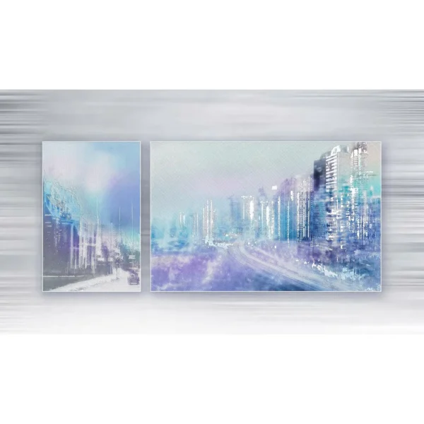 Blue City Lights Panel Set of 2, Second, 285 x 130 cm in blue — in a room setting