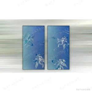 Tall Blue Goldfish Panel Set of 2, 90 x 180 cm Each in blue — in a room setting