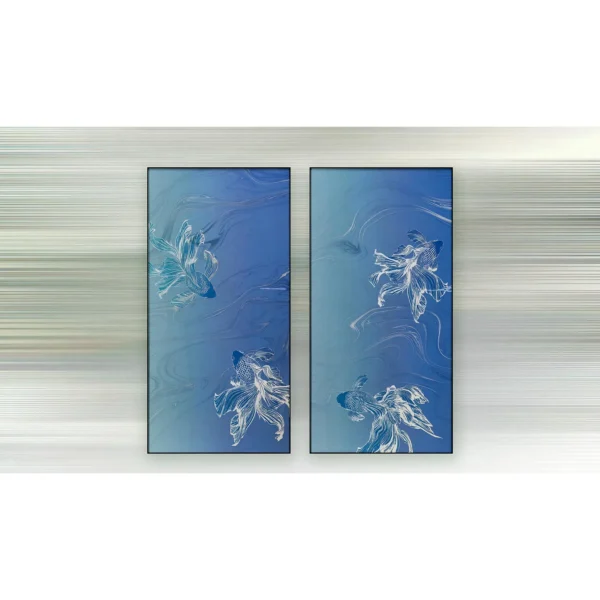 Tall Blue Goldfish Panel Set of 2, 90 x 180 cm Each in blue — in a room setting