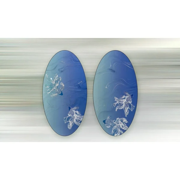 Oval Blue Goldfish Panel Set of 2, 120 x 230 cm Each in blue — in a room setting