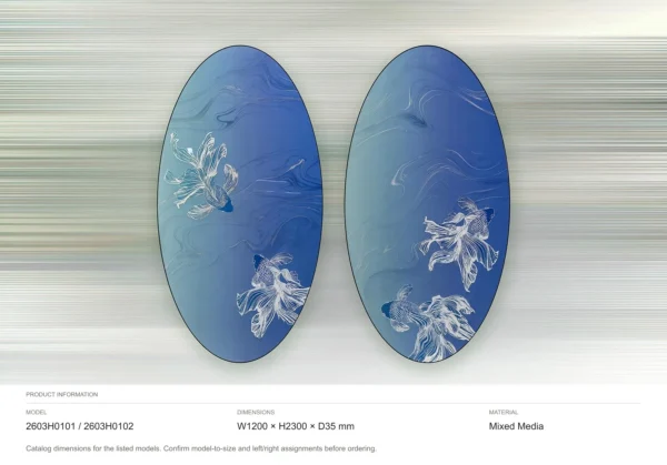Oval Blue Goldfish Panel Set of 2, 120 x 230 cm Each in blue — dimensions