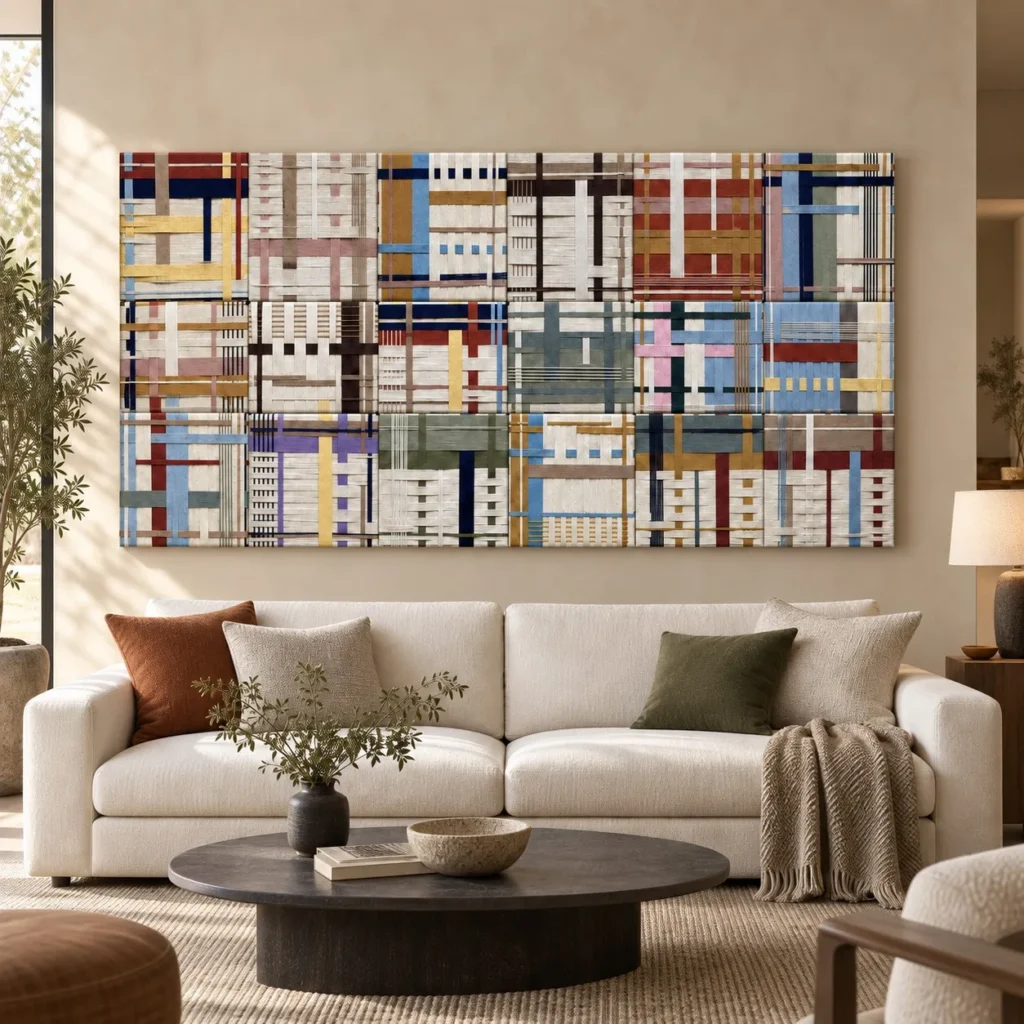 Woven Textile Grid Set of 6, 180 x 90 cm Overall in oatmeal — front view