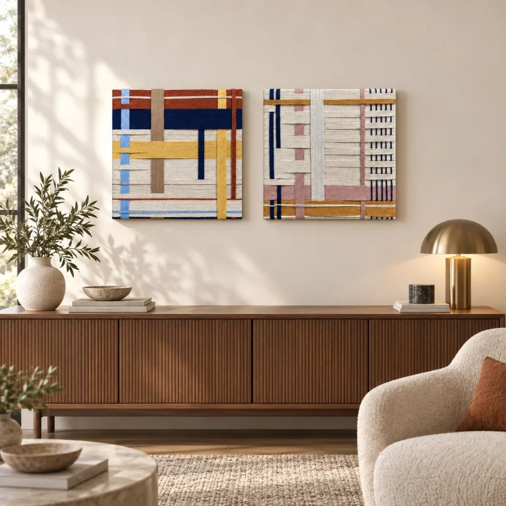 Woven Textile Grid Panel Set of 2, 30 x 30 cm Each in oatmeal — front view