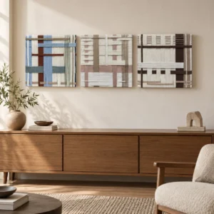 Woven Textile Grid Panel Set of 3, 30 x 30 cm Each in oatmeal — front view