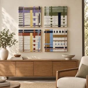 Woven Textile Grid Panel Set of 4, 30 x 30 cm Each in oatmeal — front view