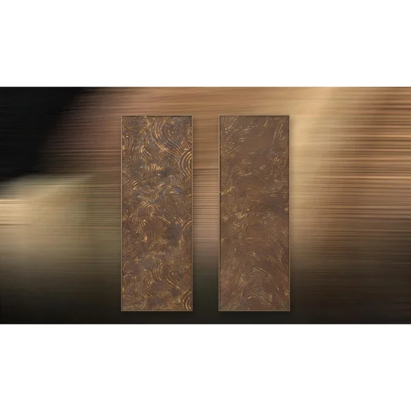 Tall Bronze Swirl Panel Set of 2, 40 x 110 cm Each in bronze — in a room setting
