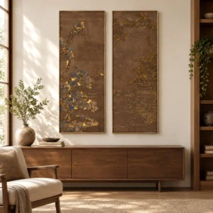 Tall Bronze Blossom Panel Set of 2, 40 x 110 cm Each in bronze — front view