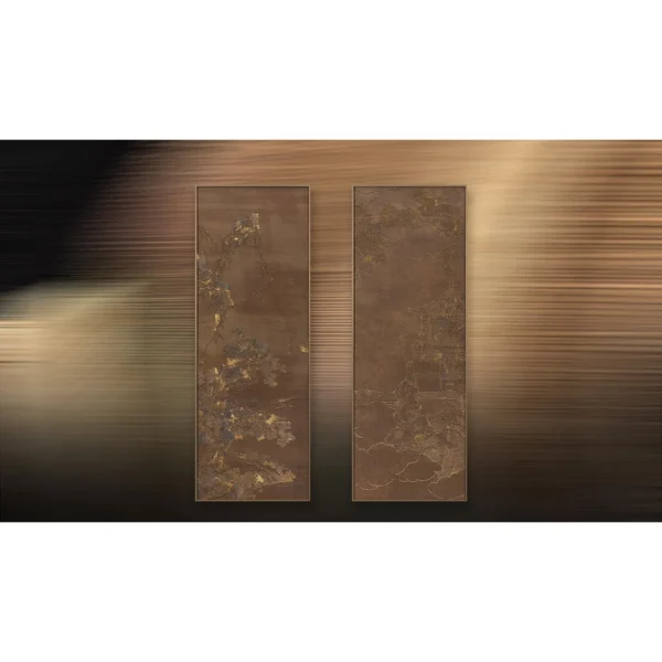Tall Bronze Blossom Panel Set of 2, 40 x 110 cm Each in bronze — in a room setting