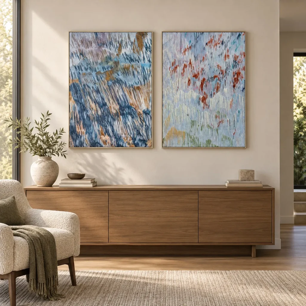 Impressionist Rain Painting Set of 2, 50 x 70 cm Each in blue — front view