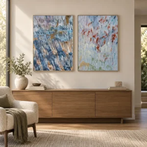 Impressionist Rain Painting Set of 2, 50 x 70 cm Each in blue — front view