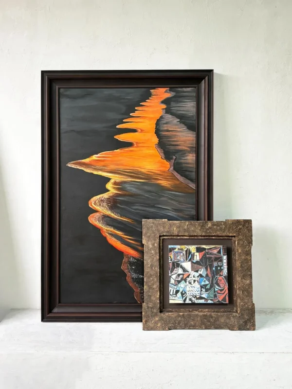 Orange Flame Abstract Wall Art Set in rust — in a room setting