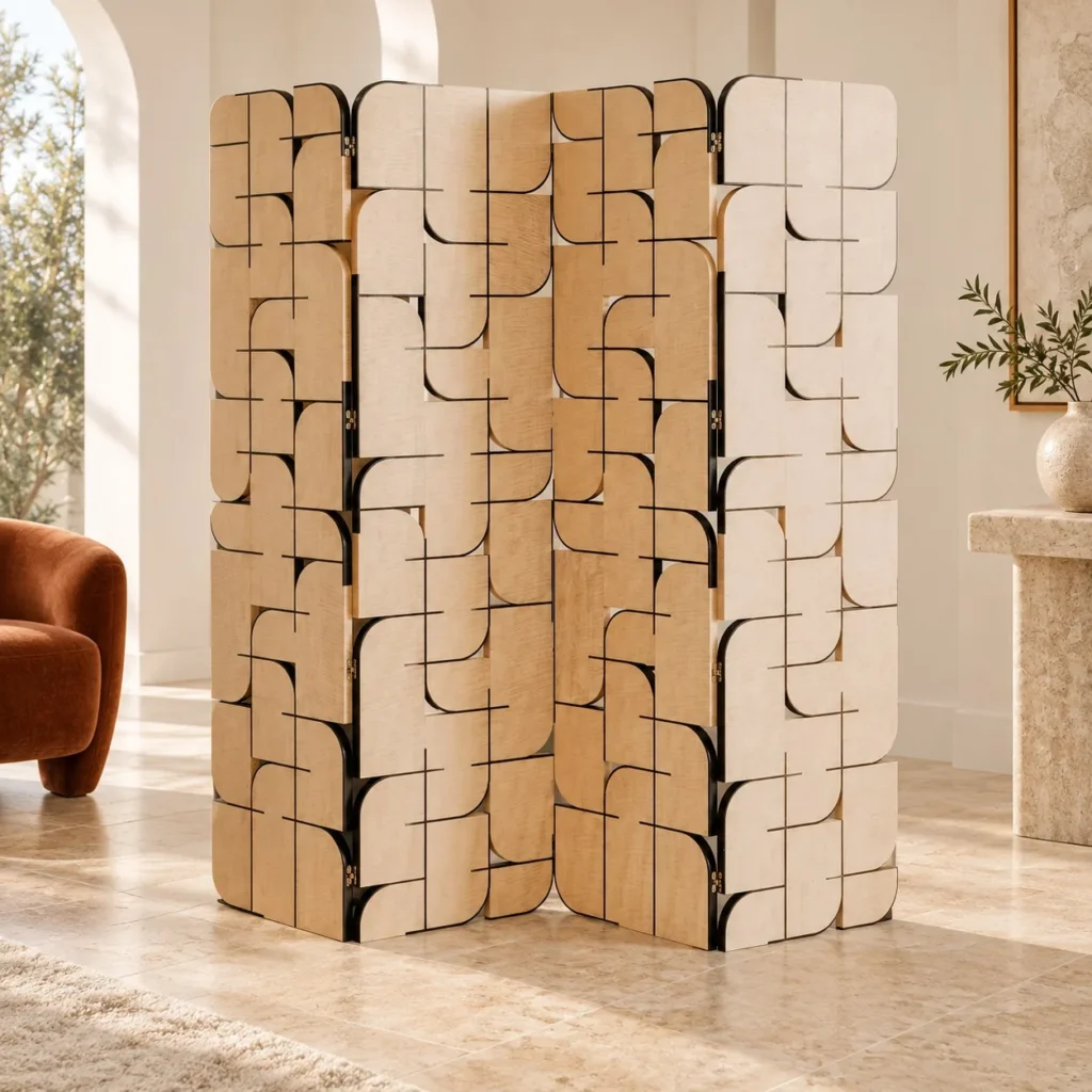 Curved Geometric Veneer Folding Screen in oatmeal — front view