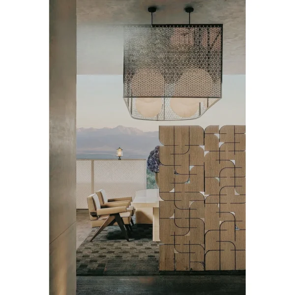 Curved Geometric Veneer Folding Screen in oatmeal — in a room setting