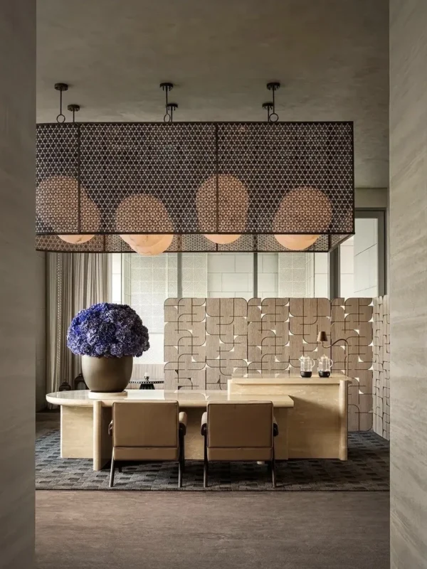 Curved Geometric Veneer Folding Screen in oatmeal — in a room setting