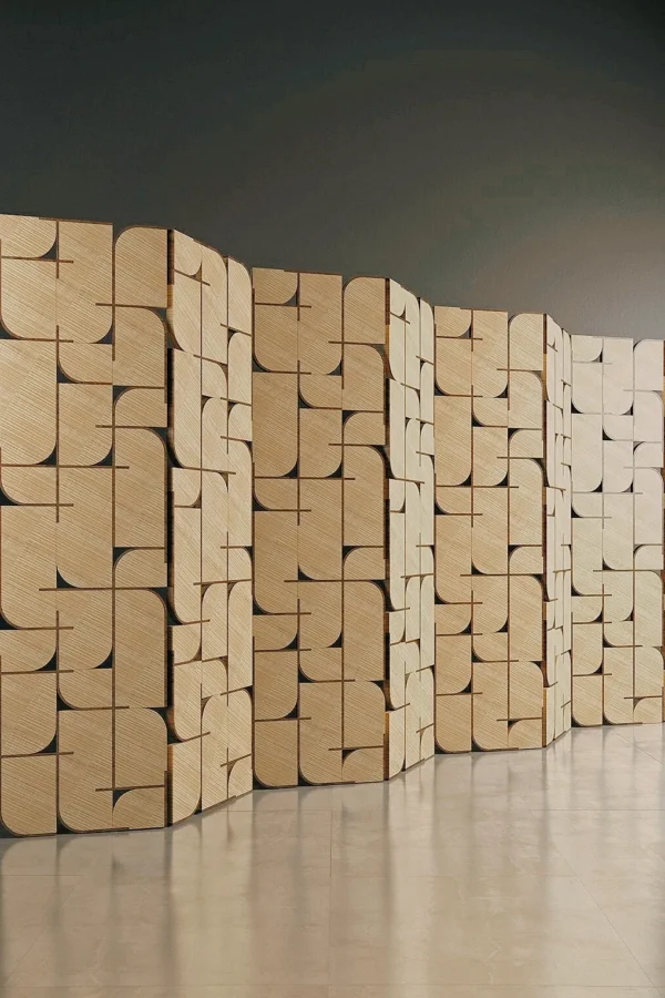 Curved Geometric Veneer Folding Screen in oatmeal — in a room setting