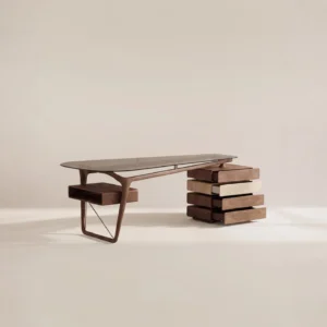 Walnut Sculpted Desk with Glass Top and Stacked Drawer Tower in walnut — front view