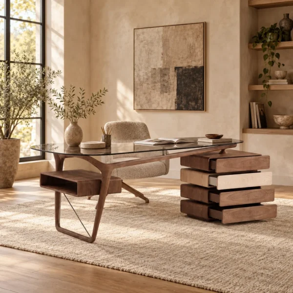 Walnut Sculpted Desk with Glass Top and Stacked Drawer Tower in walnut — in a room setting