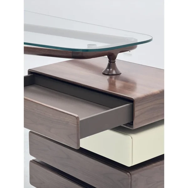 Walnut Sculpted Desk with Glass Top and Stacked Drawer Tower in walnut — in a room setting