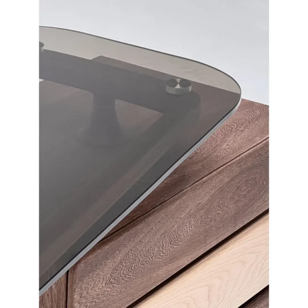 Walnut Sculpted Desk with Glass Top and Stacked Drawer Tower in walnut — in a room setting