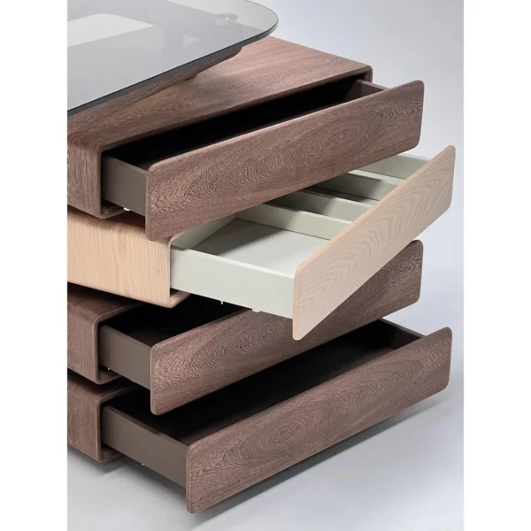 Walnut Sculpted Desk with Glass Top and Stacked Drawer Tower in walnut — in a room setting