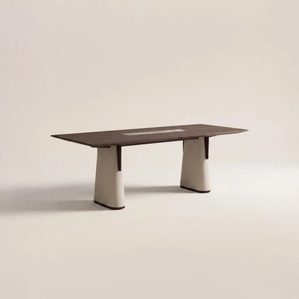Walnut Slab Table with Marble Inlay on Upholstered Cone in walnut — front view