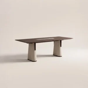 Walnut Slab Table with Marble Inlay on Upholstered Cone in walnut — front view