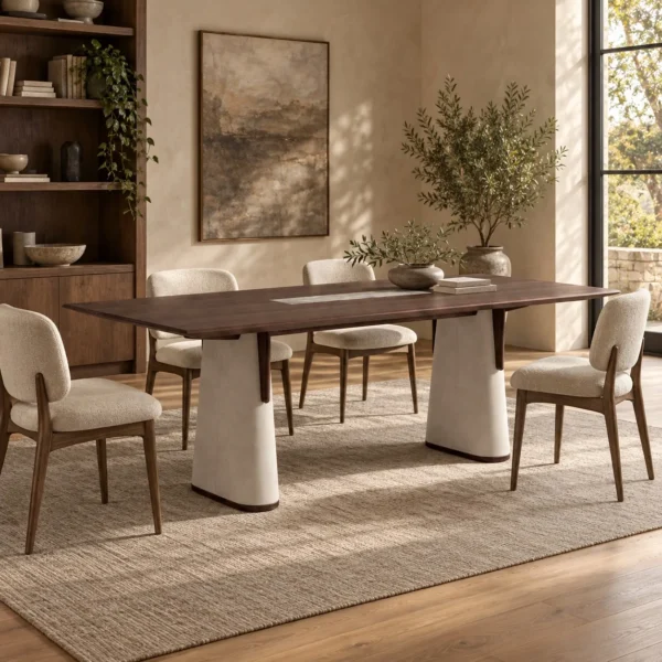 Walnut Slab Table with Marble Inlay on Upholstered Cone in walnut — in a room setting