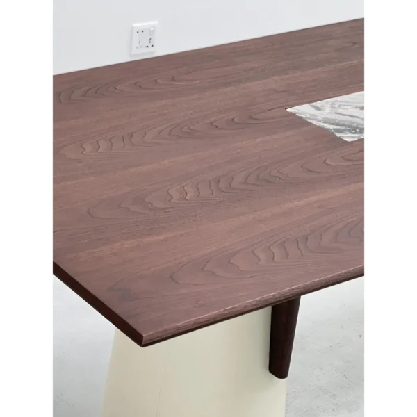 Walnut Slab Table with Marble Inlay on Upholstered Cone in walnut — in a room setting