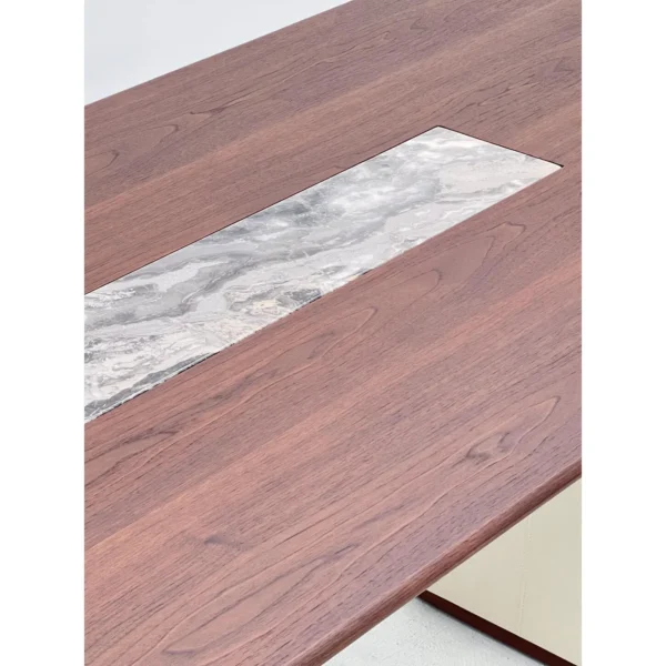 Walnut Slab Table with Marble Inlay on Upholstered Cone in walnut — in a room setting