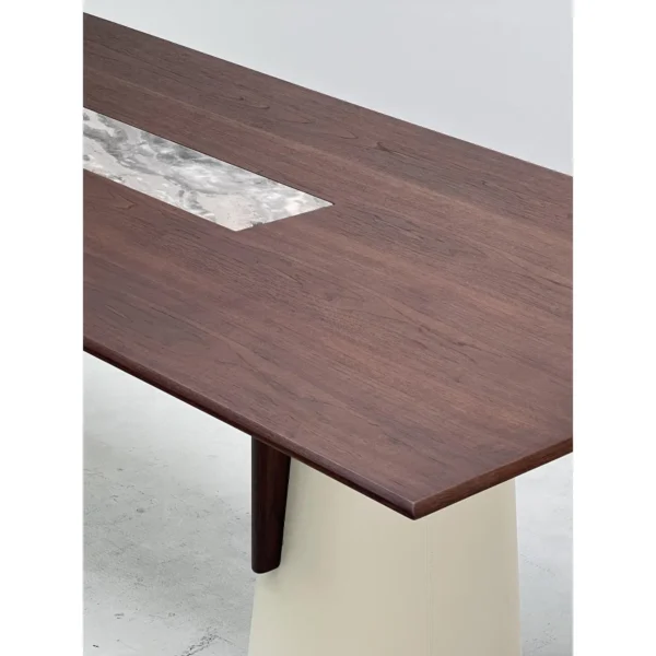 Walnut Slab Table with Marble Inlay on Upholstered Cone in walnut — in a room setting