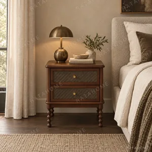 Walnut French Nightstand with Cane Drawers and Turned Legs in walnut — in a room setting
