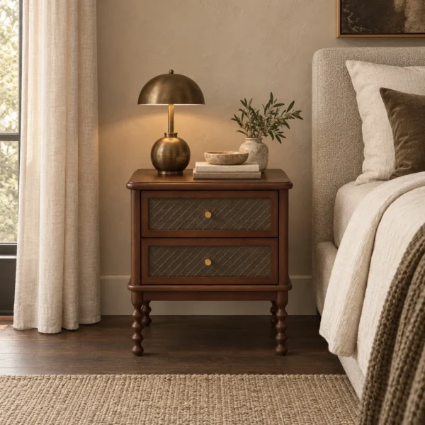 Walnut French Nightstand with Cane Drawers and Turned Legs in walnut — in a room setting