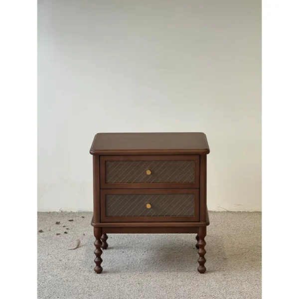 Walnut French Nightstand with Cane Drawers and Turned Legs in walnut — in a room setting