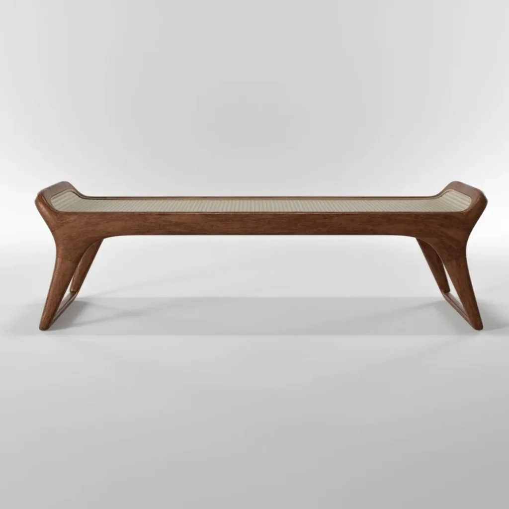Black Walnut Bench with Woven Rattan Seat and Sculpted Legs in walnut — front view
