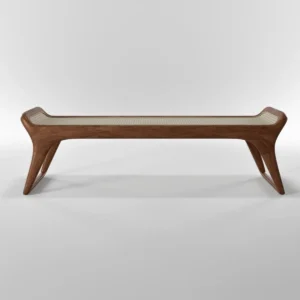 Black Walnut Bench with Woven Rattan Seat and Sculpted Legs in walnut — front view