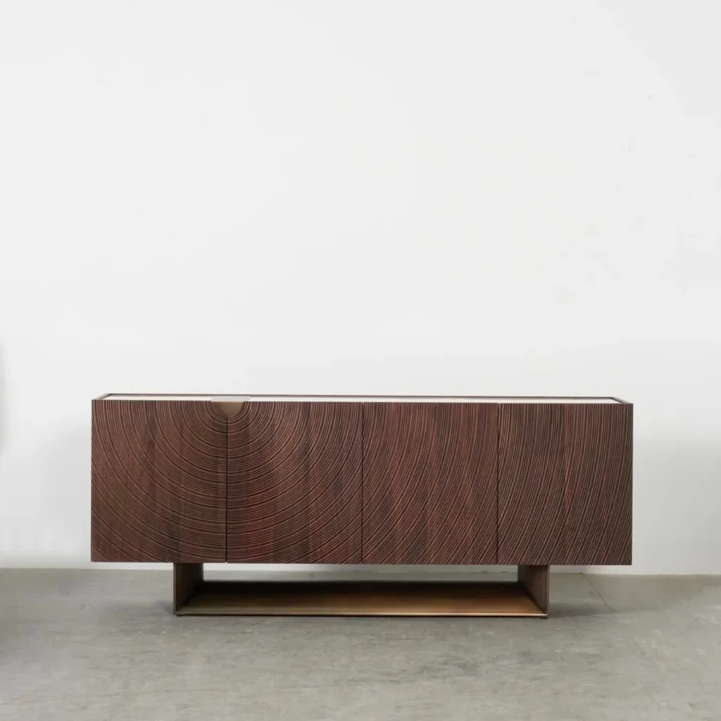 Ribbed Walnut Sideboard on Brass Sled Base in walnut — front view