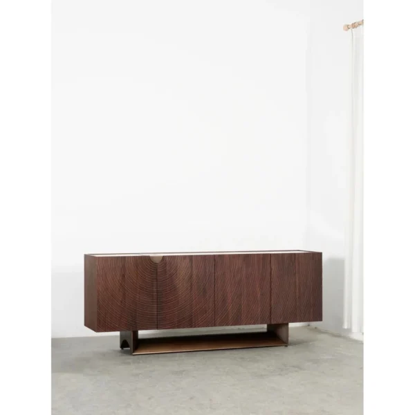 Ribbed Walnut Sideboard on Brass Sled Base in walnut — in a room setting