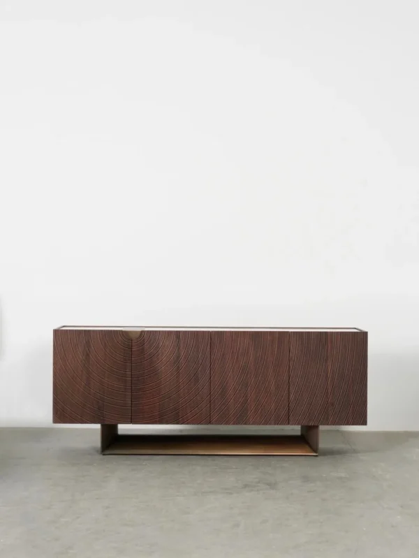 Ribbed Walnut Sideboard on Brass Sled Base in walnut — in a room setting