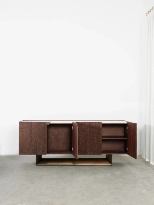 Ribbed Walnut Sideboard on Brass Sled Base in walnut — in a room setting