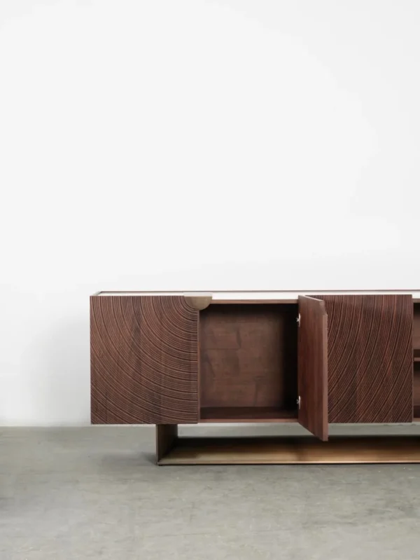 Ribbed Walnut Sideboard on Brass Sled Base in walnut — in a room setting