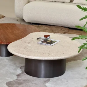 Curved Travertine Coffee Table on Dark Walnut Cylinder Base in oatmeal — front view