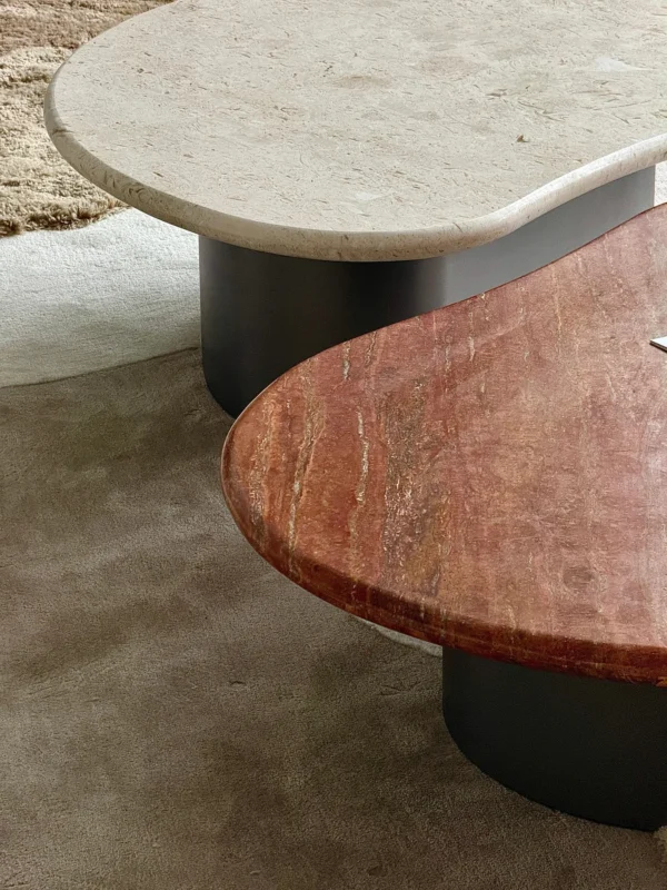 Curved Travertine Coffee Table on Dark Walnut Cylinder Base in oatmeal — detail