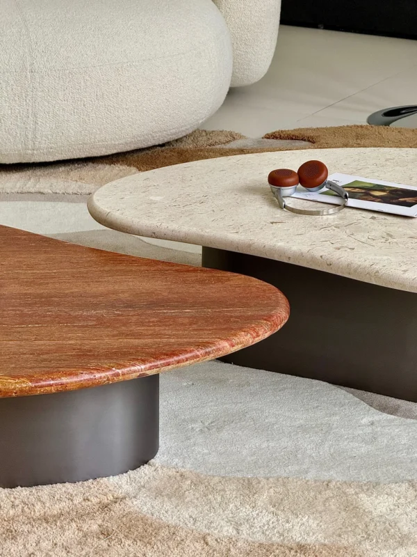 Curved Travertine Coffee Table on Dark Walnut Cylinder Base in oatmeal — detail
